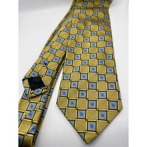 Altea Milano Silk Tie Gold Blue Geometric Square Hand Made in Italy 3.75" Width